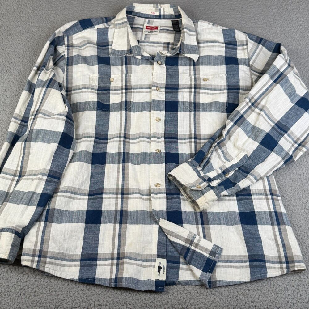 WRANGLER Shirt 3XL Blue Plaid Indigo Button Long Sleeve Pocket Workwear Rancher